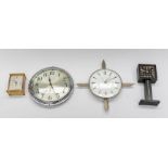 Two chrome mid 20th Century wall clocks, brass Garrard mantle clock and ebonised table clock
