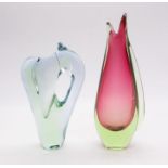 Skrdlovice; a Sommerso green over pink vase 27cm, together with a same factory vase green over blue,