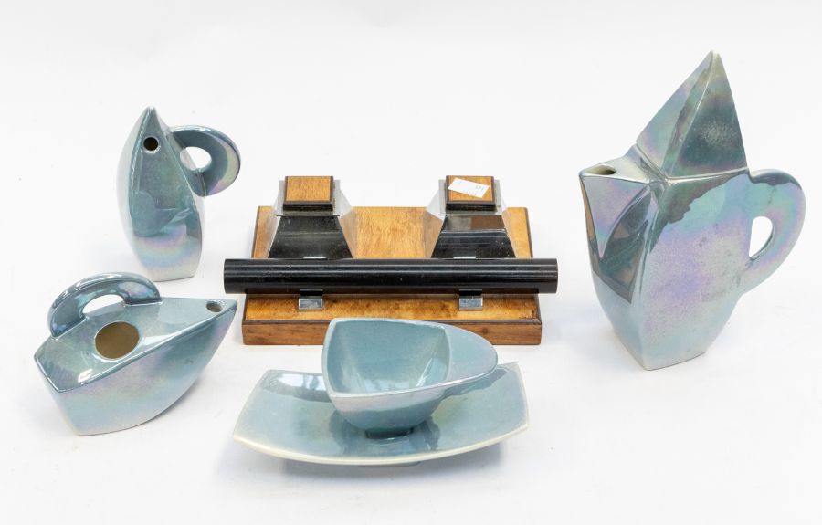 A 1930's chrome and marble inkstand along with an Art Deco lustre tea set.