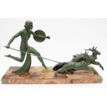 A large spelter and marble Art Deco table/mantle figure of Diana hunting deer, circa 1930's