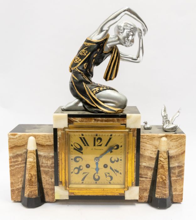 Two 1930's Art Deco mantle clocks one with a lady and swan detail the other has a white panther - Image 2 of 6