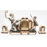 Large Art Deco mantle / table clock with lady holding tambourine and girl detailing along with two