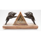 Art Deco marble mantle clock with triangular face with wild boar detailing