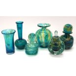 Mdina Glass - A collection of stylish blue glass pieces, some with added yellow detail. To include