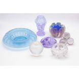 A collection of glass to include; A moulded light blue glass bowl with cut glass decoration, a Desna