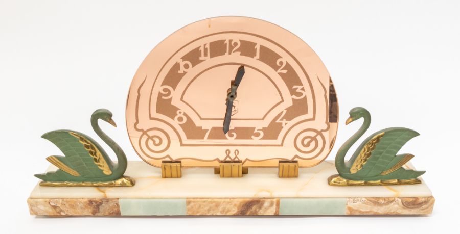 Art Deco mirrored face and marble mantle clock, large with swan detailing