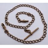 A double fob clip Albert chain in rose gold, along with a seperated T-bar attachment, fully