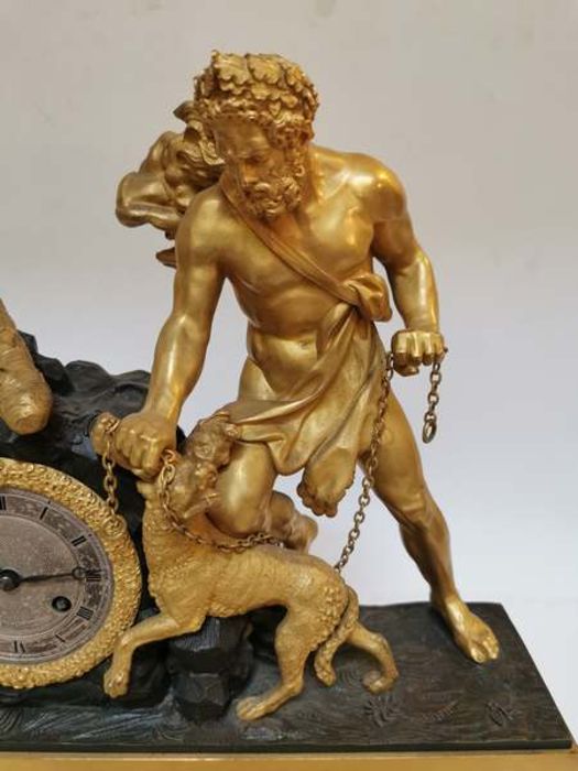 A mid 19th century French bronze and ormolu mantel clock of Hercules and Cerberus, raised on lion - Image 3 of 6