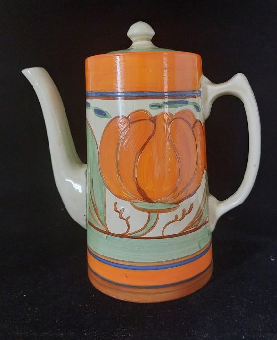 A Clarice Cliff Orange Lily Tankard shape coffee pot from the fantastique range, back stamped as