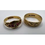 Two 18ct gold rings - comprising a patterened band ring and a ruby and diamond ring. The band ring