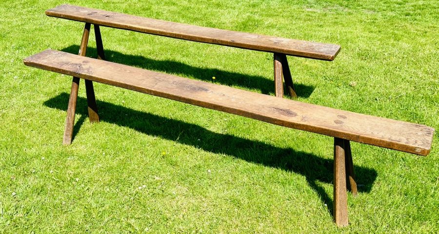 A near pair of oak/elm rustic benches, single plank raised on splay supports. 50cm H x 226cm W x - Image 3 of 4