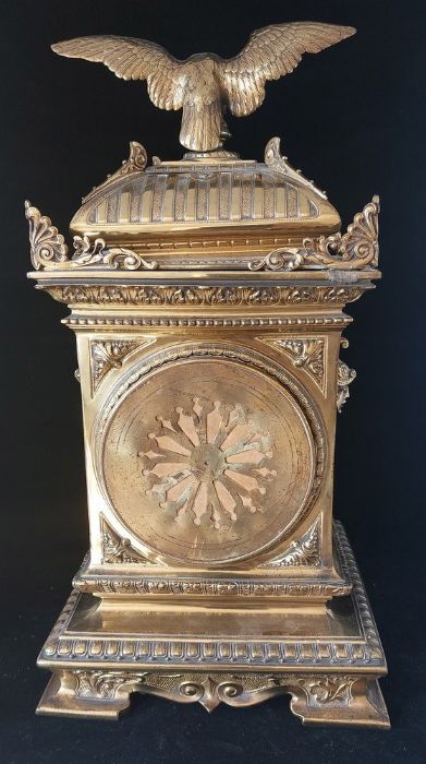 A French gilt brass mantel clock, late 19th, the enamel dial with Arabic numerals, the architectural - Image 3 of 4