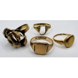 Three 9ct gold rings with a yellow gold example. Featuring a 20th century brutalist piece (