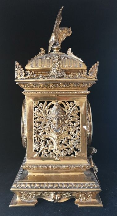 A French gilt brass mantel clock, late 19th, the enamel dial with Arabic numerals, the architectural - Image 2 of 4