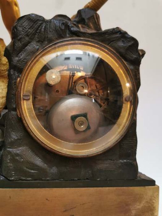 A mid 19th century French bronze and ormolu mantel clock of Hercules and Cerberus, raised on lion - Image 6 of 6