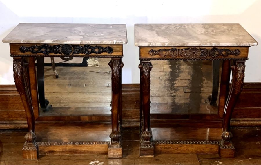 A near pair of Regency marble top rosewood console table, circa 1800, in the manner of Thomas