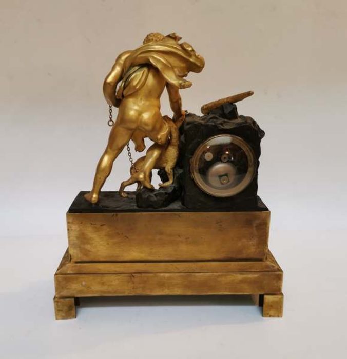 A mid 19th century French bronze and ormolu mantel clock of Hercules and Cerberus, raised on lion - Image 5 of 6