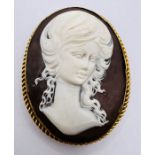 A high-relief brown shell cameo in a yellow metal setting marked "9ct". Gross weight approximately