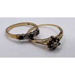 Two gemset nine carat gold rings. One set with a cluster of rubies, size O, the other a dress ring