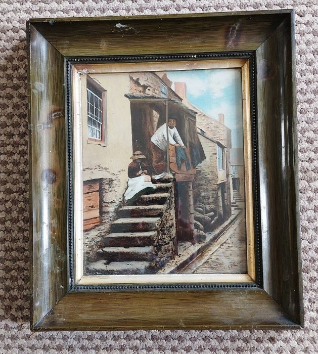 20th century British school Village street scene with figures on an external staircase, possibly