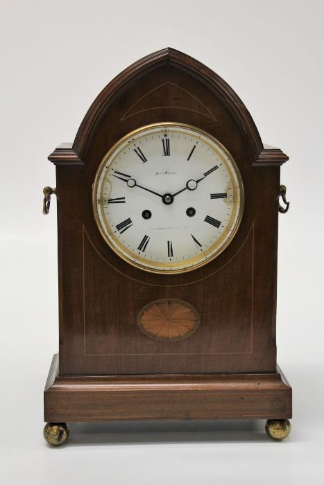 John Walker, London, an Edwardian mahogany, fan inlaid and strung library clock. The lancet form - Image 2 of 2
