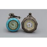 A pair of enamelled Swiss ladies pocket watches. One is an 800 silver enamelled watch with blue