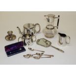 A small quantity of EPNS, to include a Dresser-type claret jug, three piece tea service, egg cup and