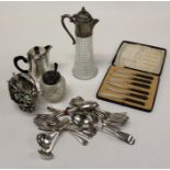 A small quantity of EPNS including flatware, preserve jar, cased nutcrackers and a 20th century