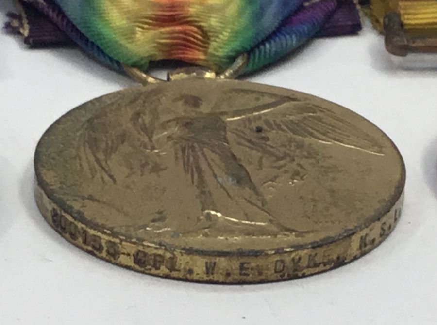 A WW1 Territorial Force War Medal, plus BWM and Victory Medal, nameed to 1435 Pte W.E. Dyke K.S.L.I. - Image 6 of 9