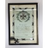 WW1 era German Iron Cross 2nd class, with period award certificate (the whole group is framed and