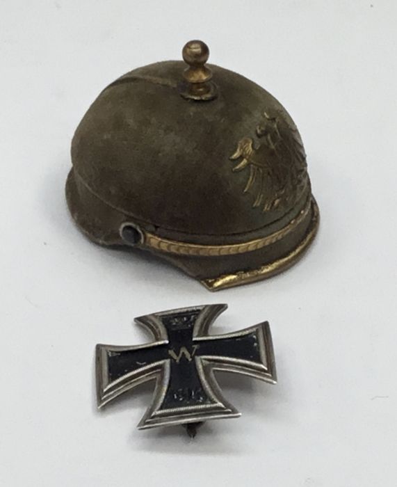 An unusual and rare WW1 German miniature Pickelhaube presentation box with an 800 silver grade