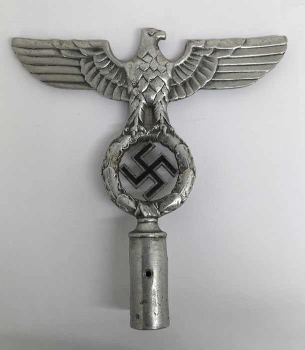 WW2 era German cast aluminium flag or standard topper. 2nd type design, with eagle and black painted