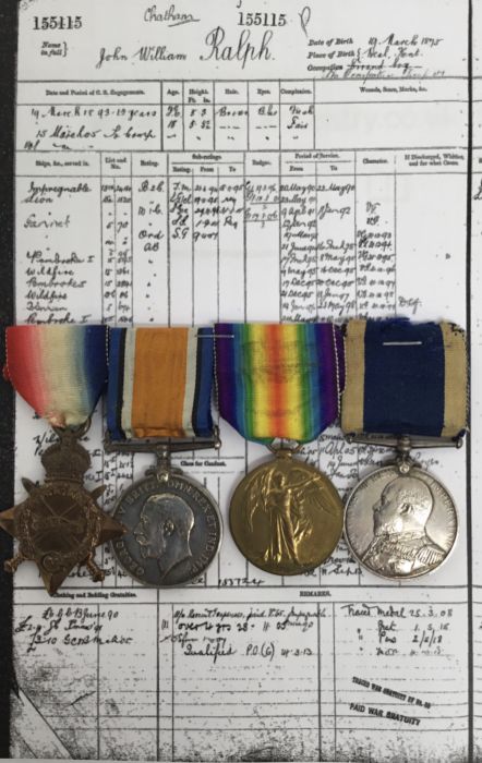 WW1 Royal Navy Trio / Long Service Group. Awarded to 155115 Act CPO John William Ralph. To