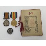A WW1 British medal pair, plus Silver War Badge and accompanying period Christmas card. To