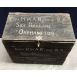 WW2 Captains personal chest made from an Artillery ammunition box. Marked ‘Capt H.W.A Repard R.A (