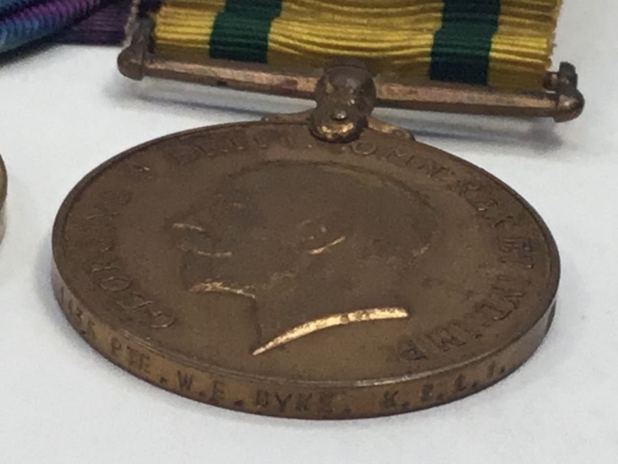 A WW1 Territorial Force War Medal, plus BWM and Victory Medal, nameed to 1435 Pte W.E. Dyke K.S.L.I. - Image 7 of 9