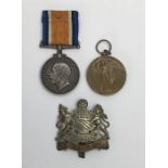 WW1 medal pair awarded to 376883 Pte Harry Birtwistle, plus his original bi-metal cap badge.