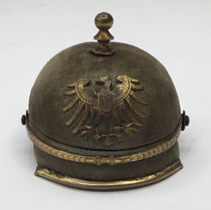 An unusual and rare WW1 German miniature Pickelhaube presentation box with an 800 silver grade - Image 4 of 12