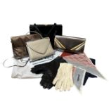 Vintage accessories to include a collection of belts, 3 pairs of leather gloves, a dagger point silk