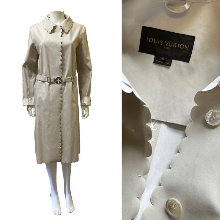 A Louis Vuitton coat in waxed canvas with scalloped edging and mother of pearl buttons, complete