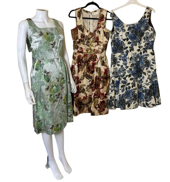 Four vintage dresses to include 1 50s/60s in a green rose motif brocade with twinkling iridescent
