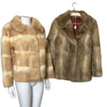 wo vintage Coney fur jackets, one natural rabbit coloured and one in an apricot and cream stripe (