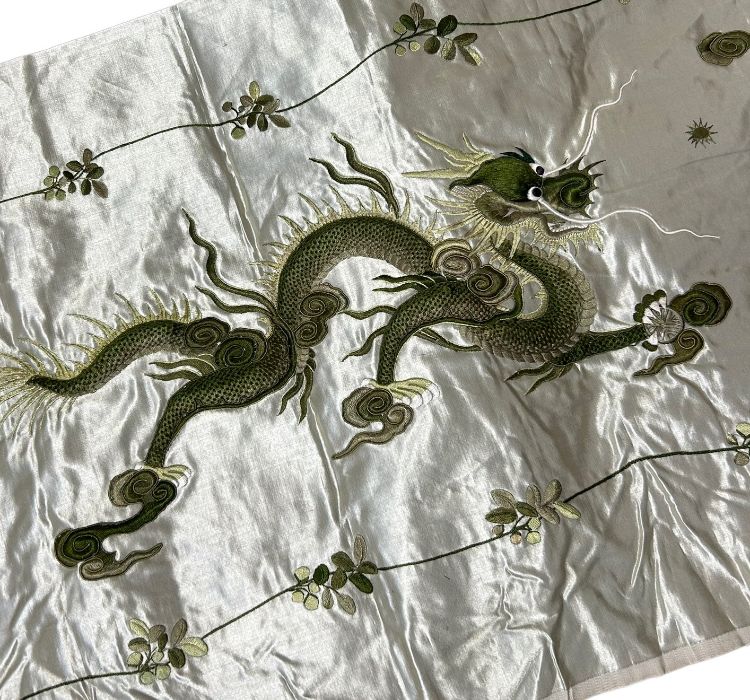 An opulent late 19th century Vietnamese embroidery. On the silk ground are padded, raised dragons - Image 2 of 2