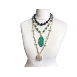 A collection of 1920s and 30s necklaces along with a pair of art deco enamel and diamante earring