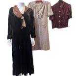 1930s fashions to include a late 30s blouse in claret satin, a plaid day or house dress with heart