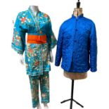 A 1960s Japanese silk pyjama set in the 1920s beach pyjama style consisting of trousers kimono style