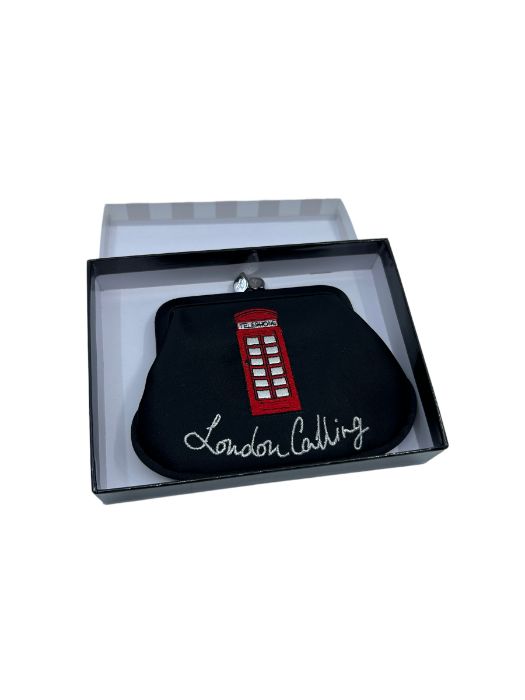 A boxed Lulu Guinness purse with a red phone box embroidered on the black satin ground and the words - Image 4 of 4