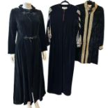 60s and 70s fashions to include a late 70s evening muumuu in a black velvet with holographic