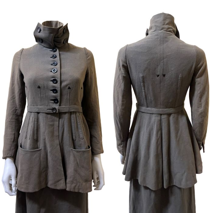 A 1910s walking suit in olive green wool with cotton lining. the jacket has a high neck with - Image 2 of 2