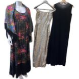 1960s fashions to include a black velvet gown with embellished yoke, a turquoise and gold lame